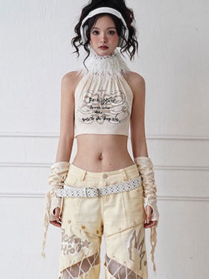 Fuzzy Collar Graphic Halter Top