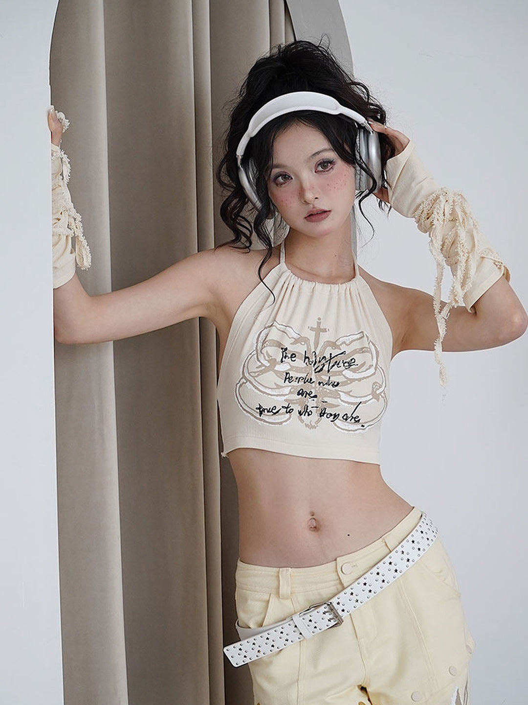 Fuzzy Collar Graphic Halter Top