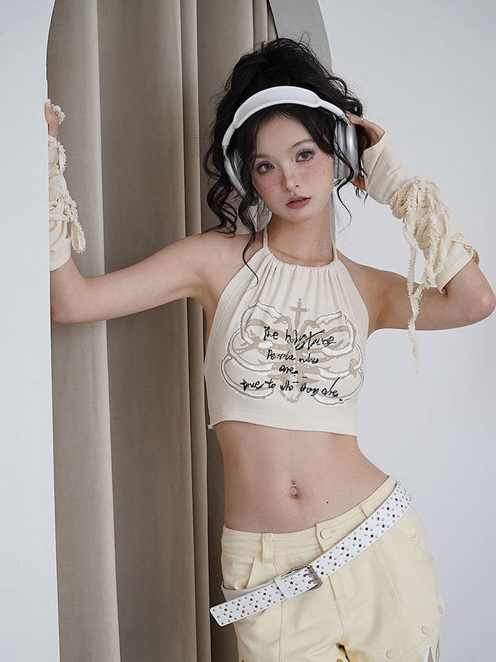 Fuzzy Collar Graphic Halter Top