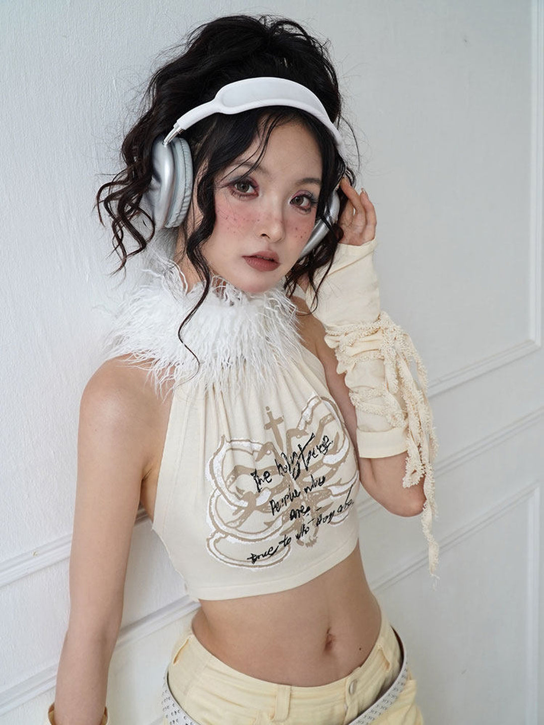 Fuzzy Collar Graphic Halter Top