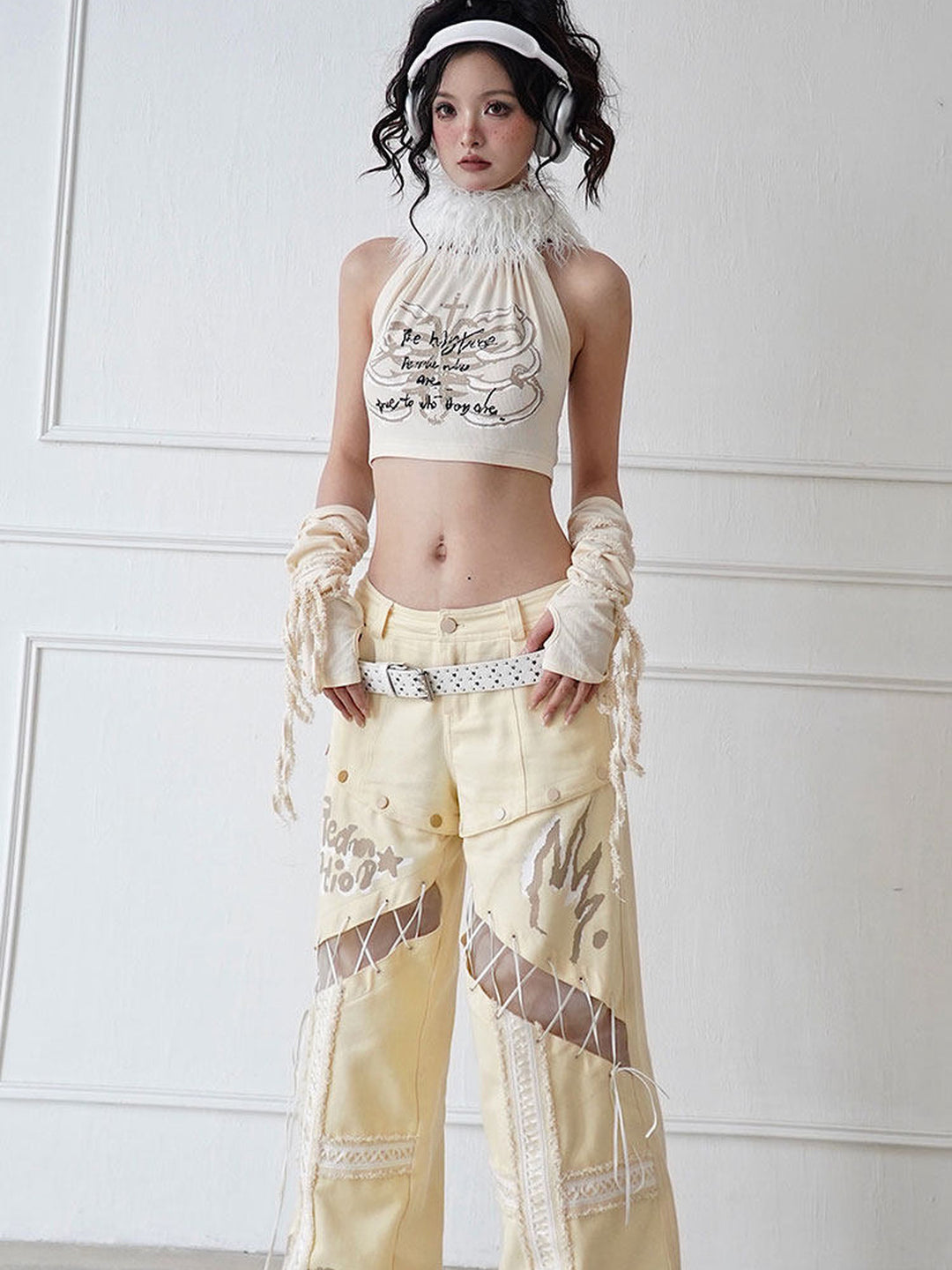 Fuzzy Collar Graphic Halter Top