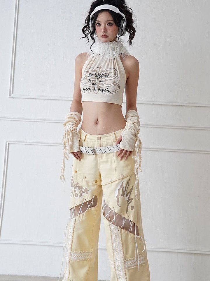 Fuzzy Collar Graphic Halter Top
