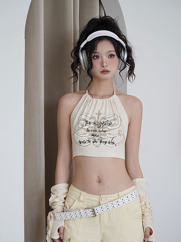 Fuzzy Collar Graphic Halter Top