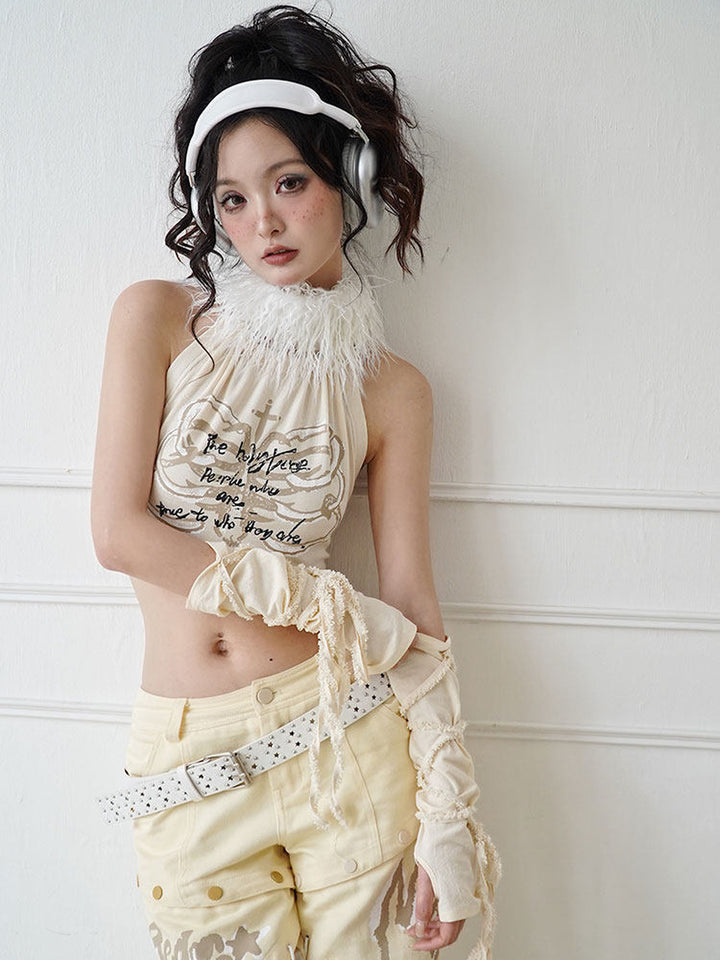 Fuzzy Collar Graphic Halter Top