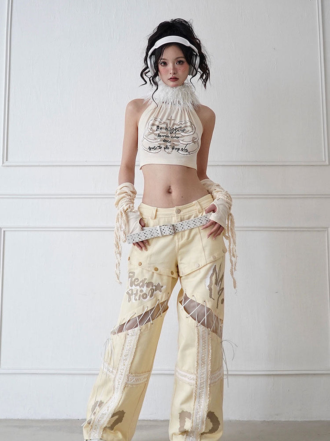 Fuzzy Collar Graphic Halter Top