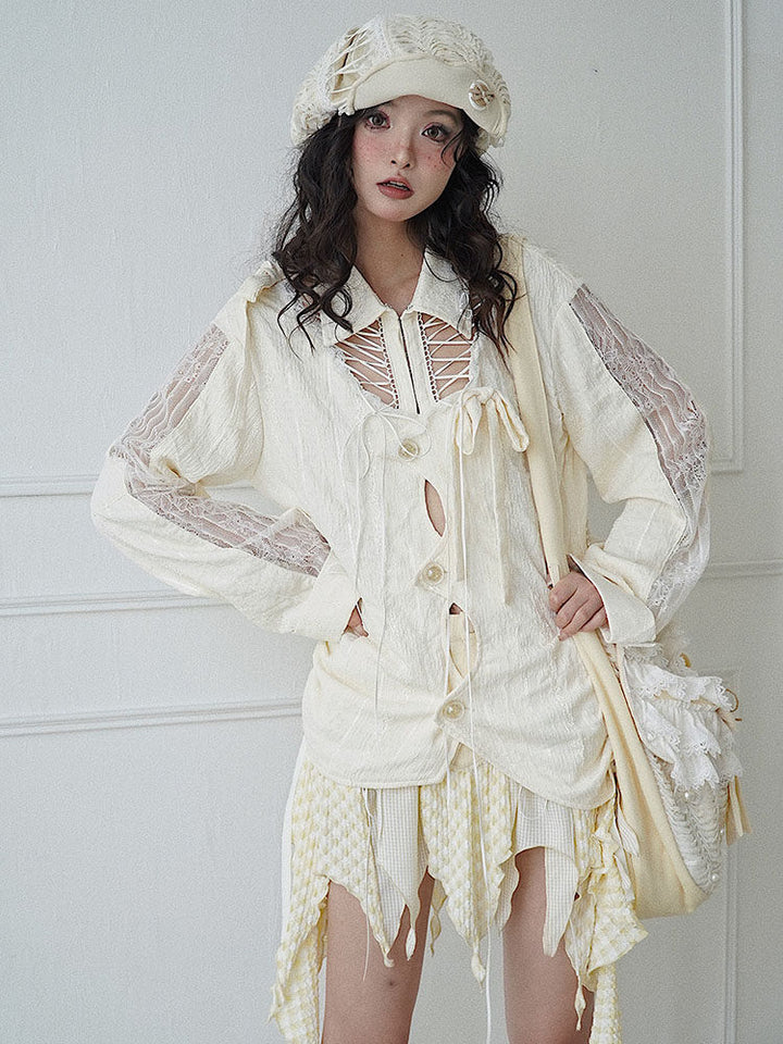Fairycore Lace-Up Cutout Shirt