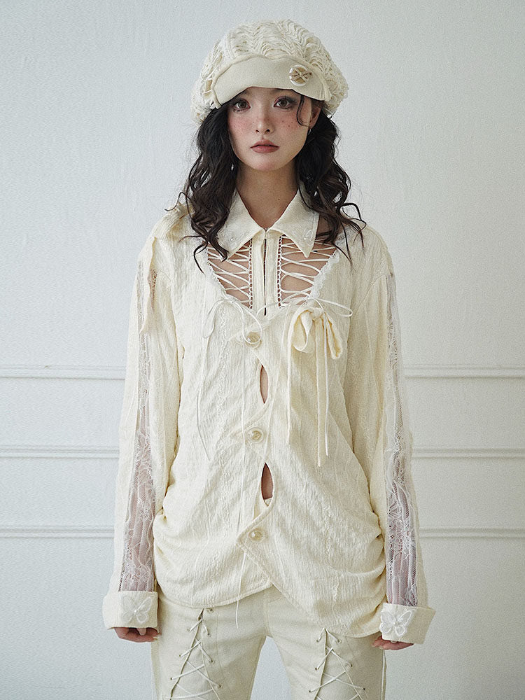 Fairycore Lace-Up Cutout Shirt