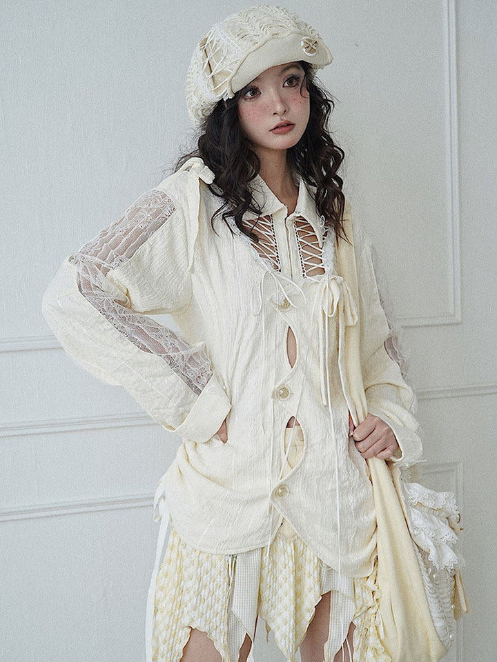 Fairycore Lace-Up Cutout Shirt