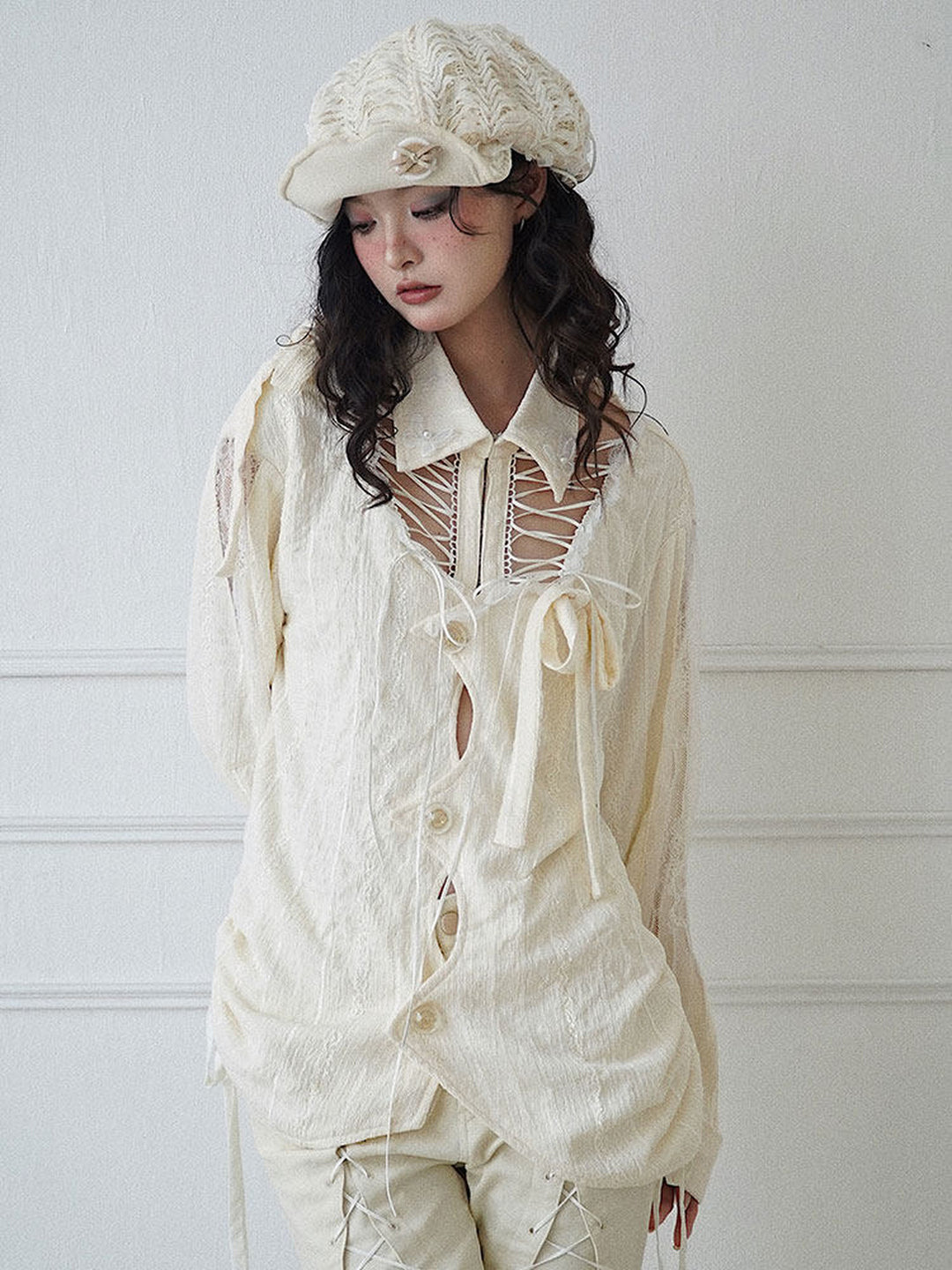 Fairycore Lace-Up Cutout Shirt