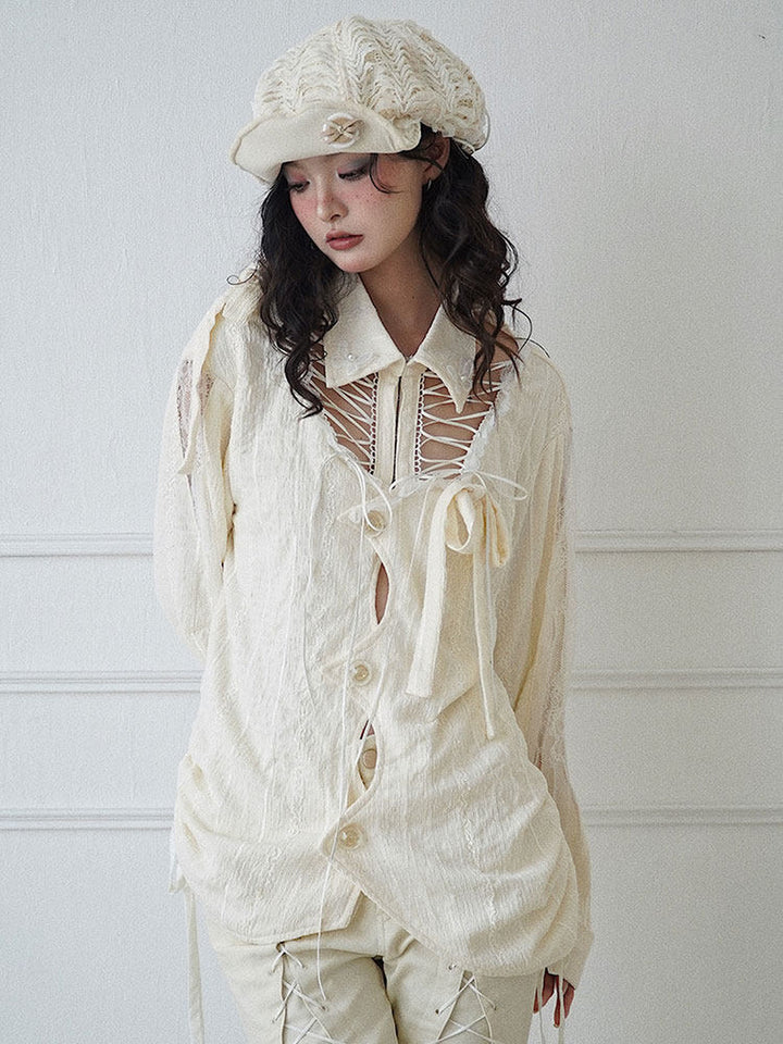 Fairycore Lace-Up Cutout Shirt