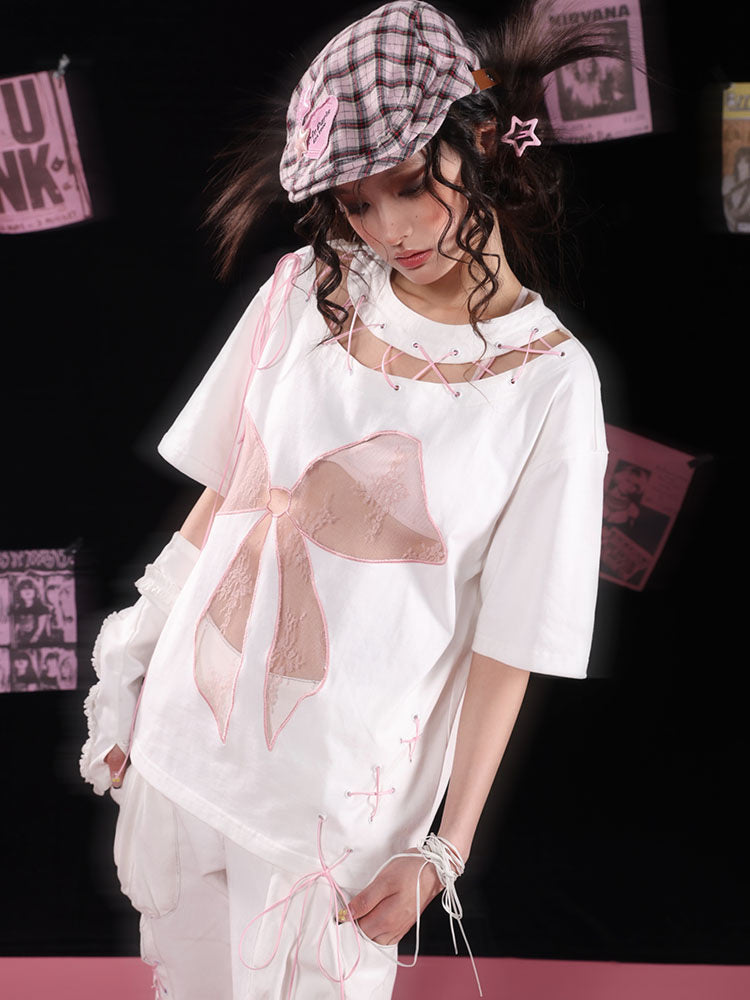 Y2K Lace Bow Cutout T-Shirt