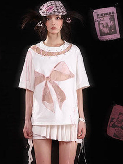 Y2K Lace Bow Cutout T-Shirt