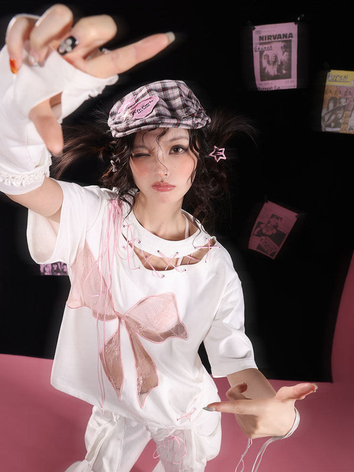 Y2K Lace Bow Cutout T-Shirt
