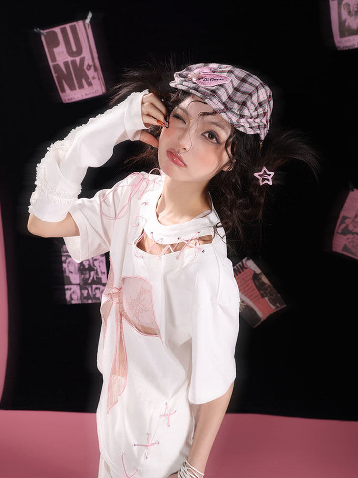 Y2K Lace Bow Cutout T-Shirt