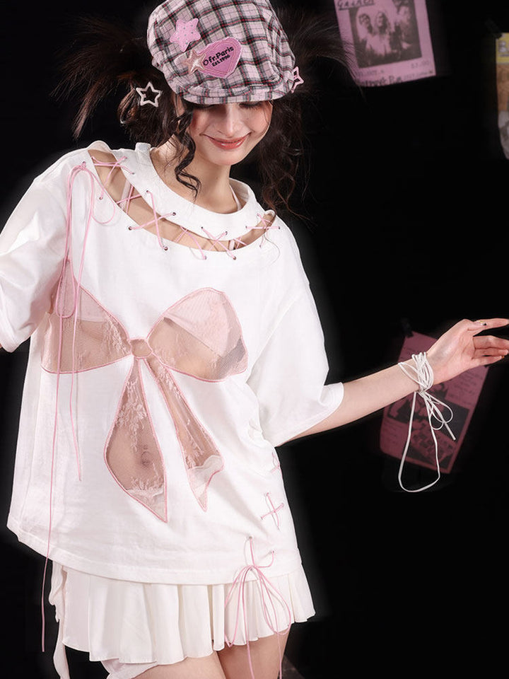 Y2K Lace Bow Cutout T-Shirt