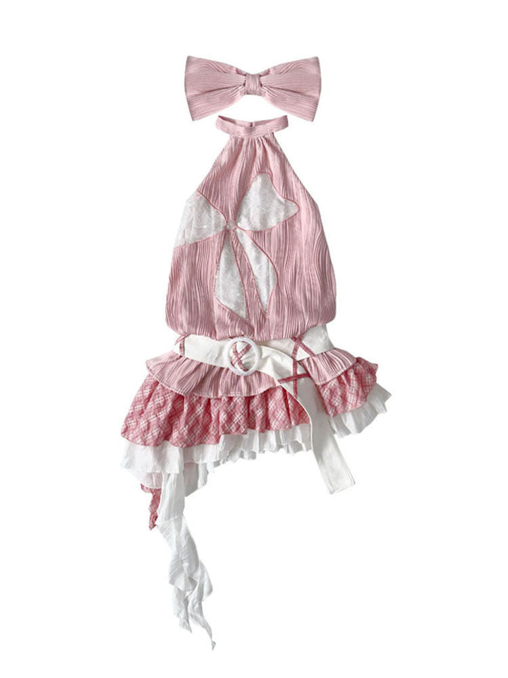 Lace Bow Asymmetric Halter Mini Dress