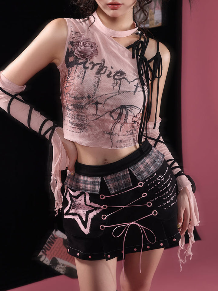 Y2K Rose Lace-Up Tank Top