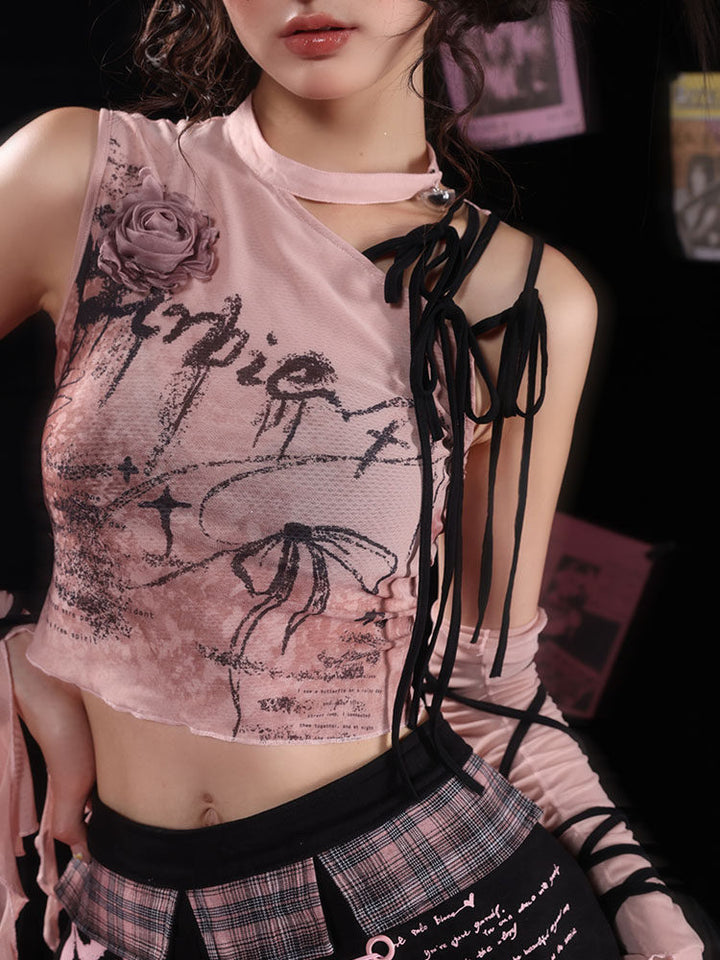 Y2K Rose Lace-Up Tank Top