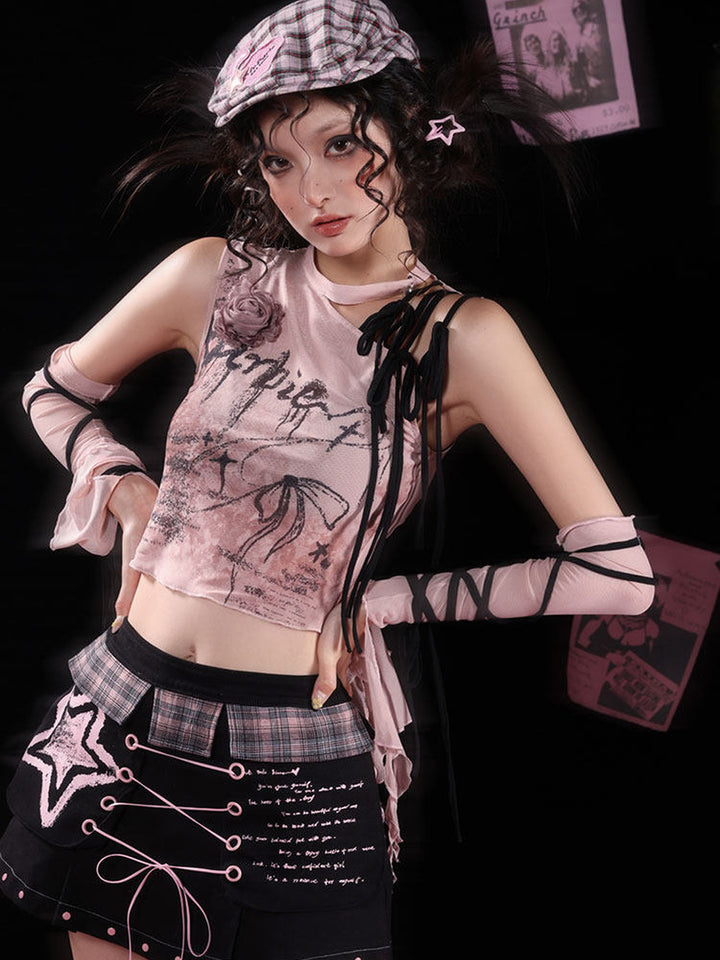 Y2K Rose Lace-Up Tank Top