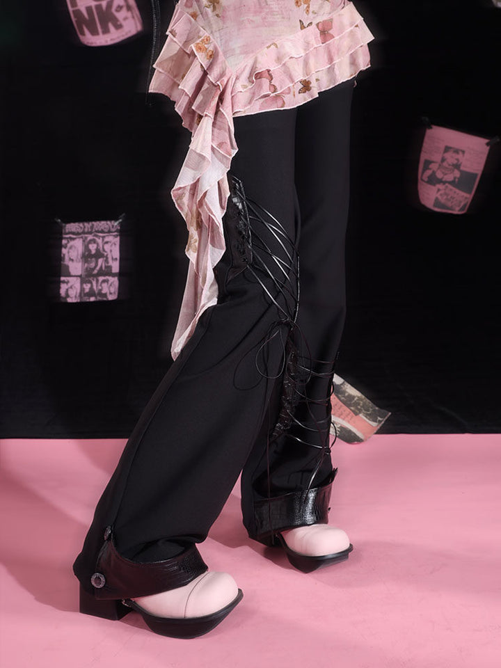 Y2K Lace-Up Panel Flare Pants