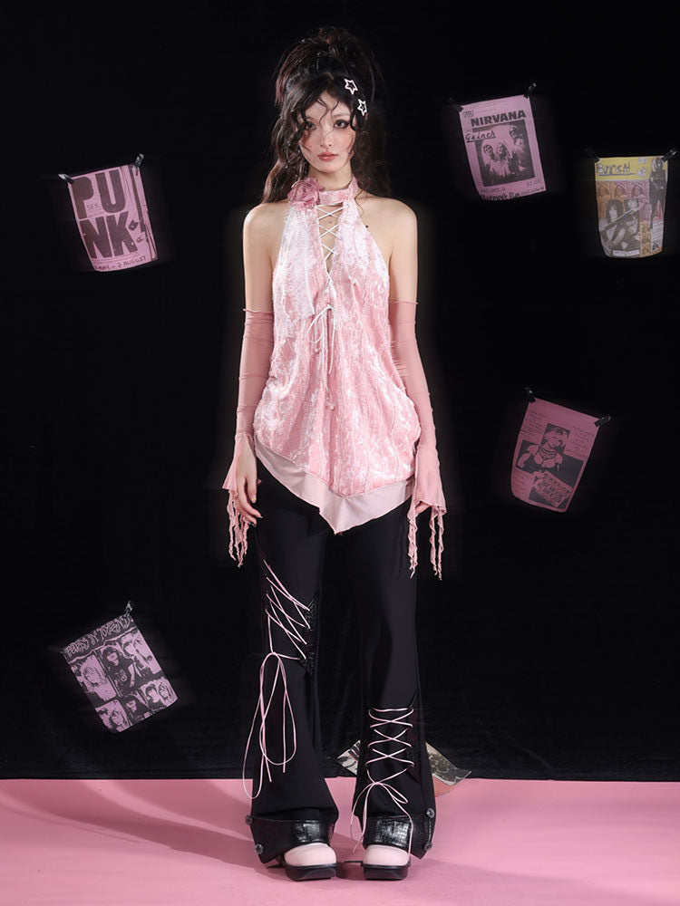 Y2K Lace-Up Panel Flare Pants