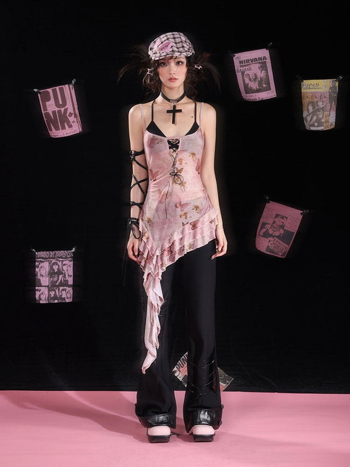 Y2K Lace-Up Panel Flare Pants