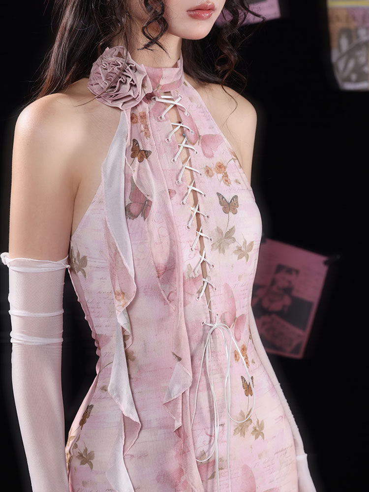 Pink Butterfly Lace-Up Qipao Maxi Dress