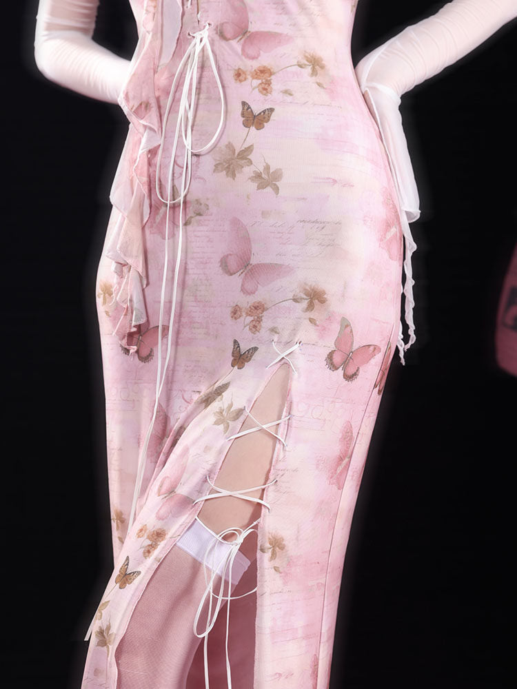 Pink Butterfly Lace-Up Qipao Maxi Dress