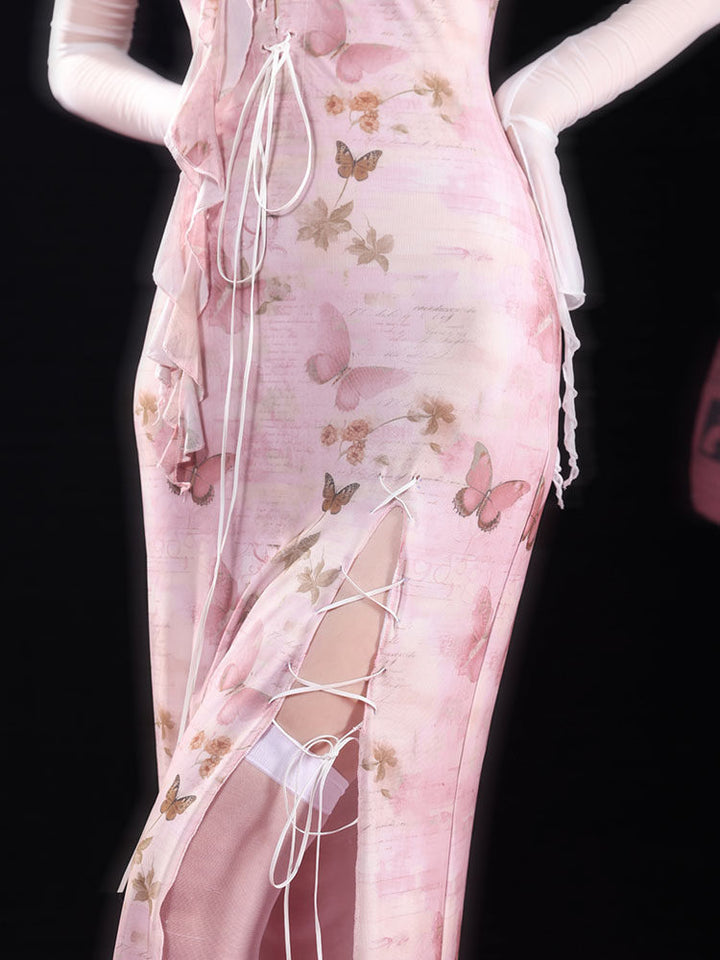 Pink Butterfly Lace-Up Qipao Maxi Dress