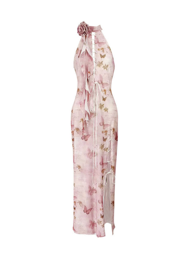 Pink Butterfly Lace-Up Qipao Maxi Dress
