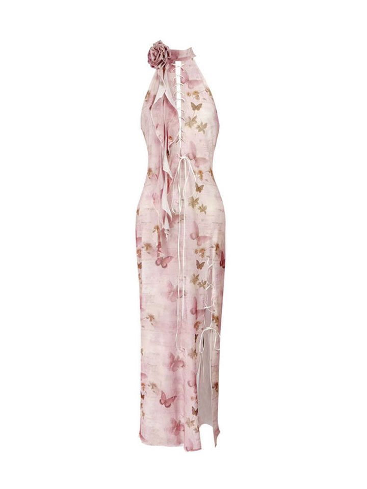 Pink Butterfly Lace-Up Qipao Maxi Dress