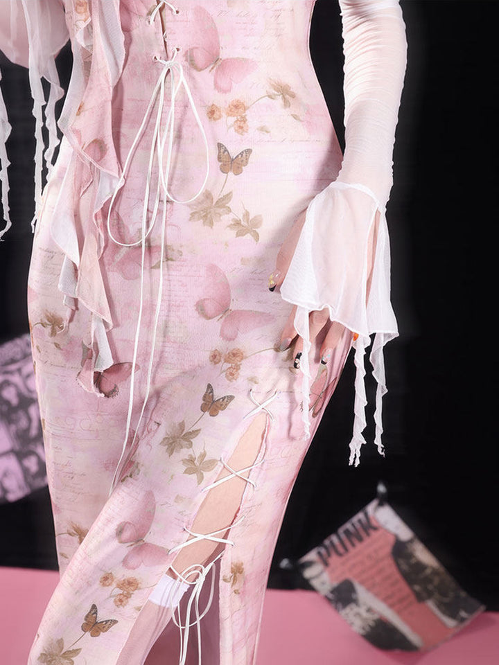 Pink Butterfly Lace-Up Qipao Maxi Dress