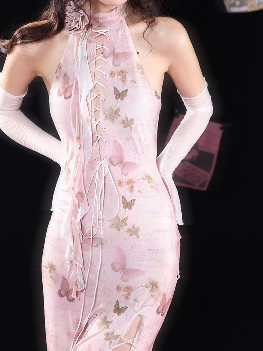 Pink Butterfly Lace-Up Qipao Maxi Dress