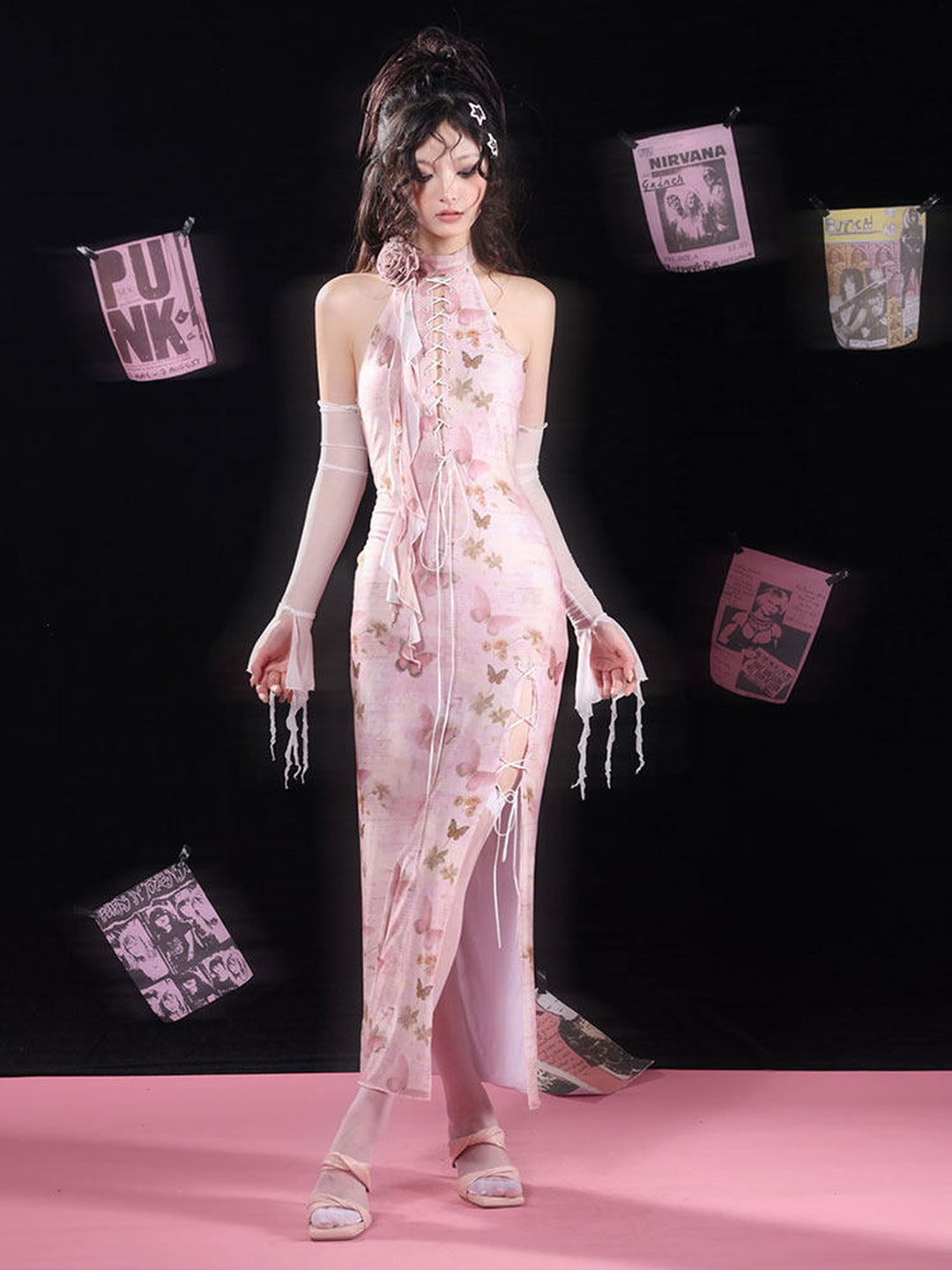 Pink Butterfly Lace-Up Qipao Maxi Dress