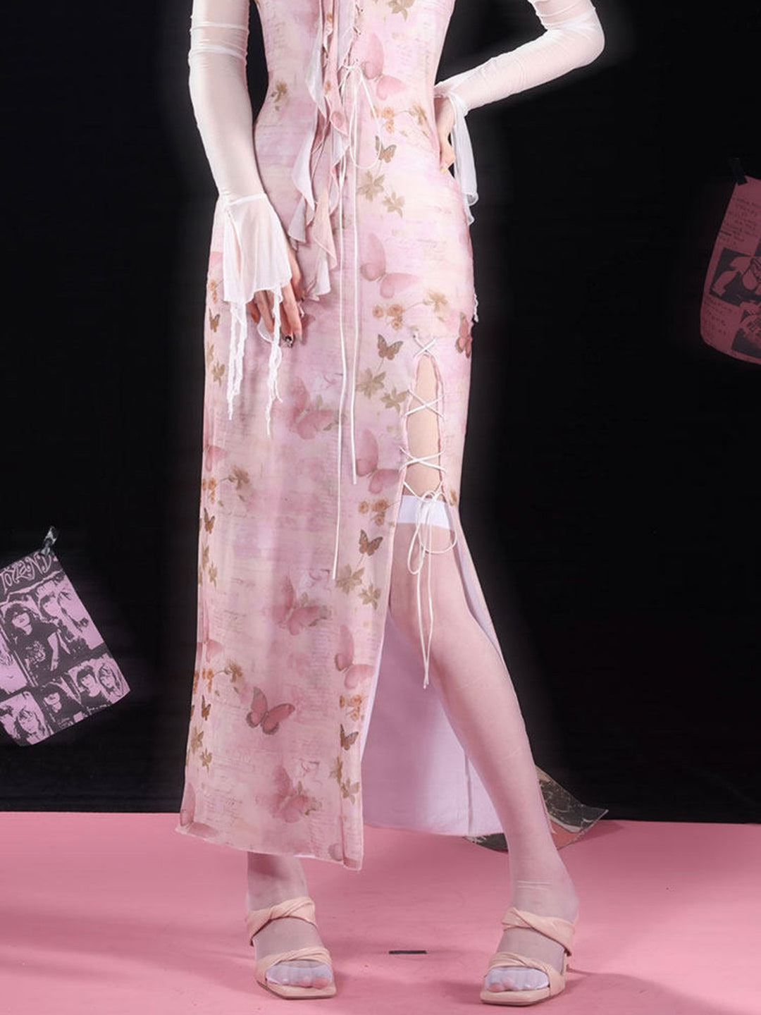 Pink Butterfly Lace-Up Qipao Maxi Dress
