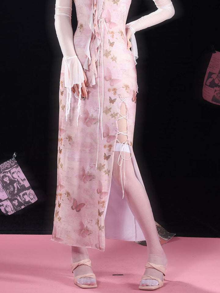 Pink Butterfly Lace-Up Qipao Maxi Dress