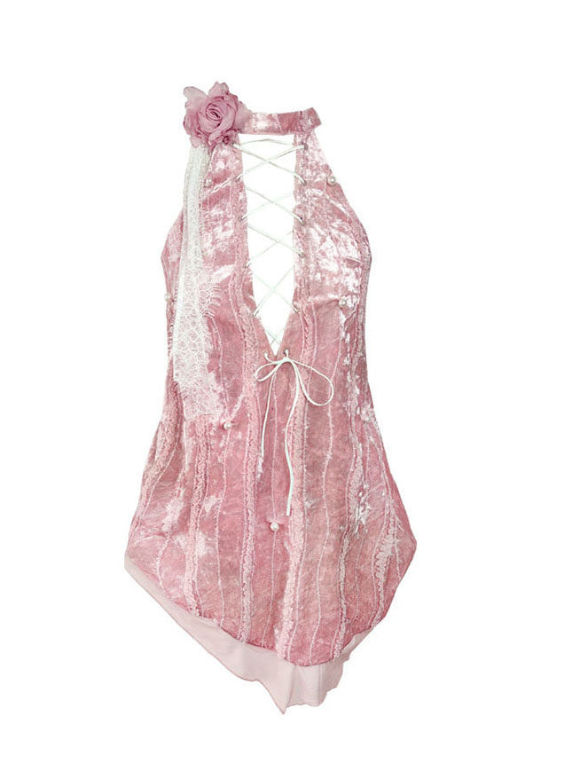 Coquette Rose Velvet Halter Top