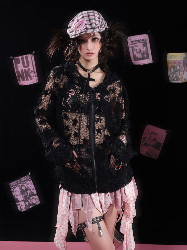 Gothic Flared-Cuff Star Mesh Zip-Up Hoodie