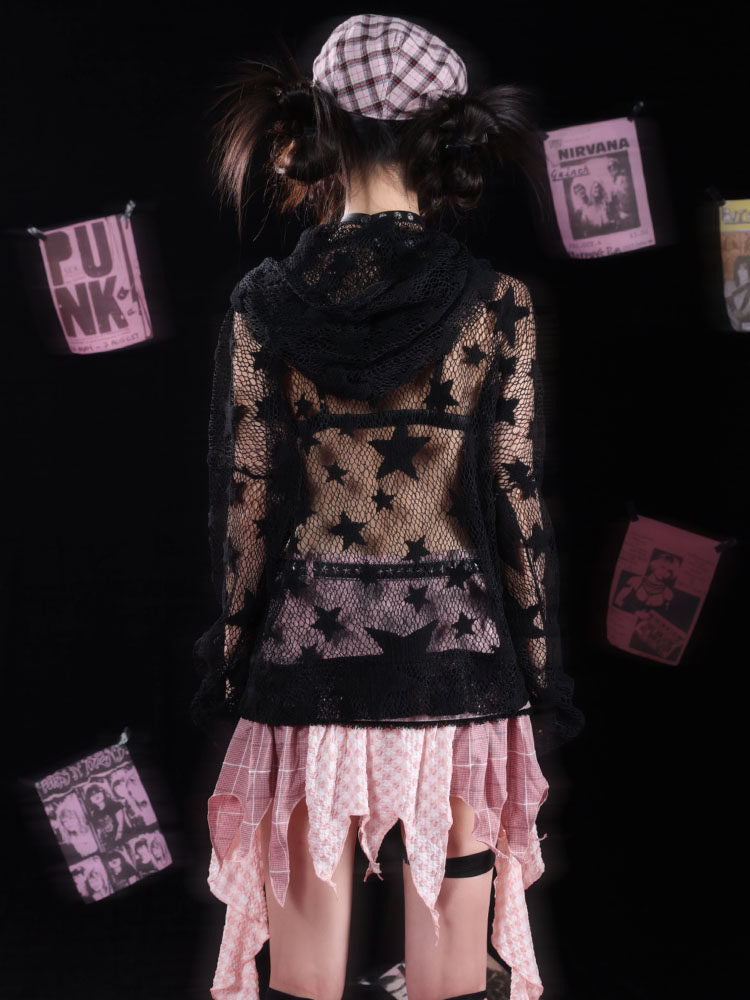 Gothic Flared-Cuff Star Mesh Zip-Up Hoodie