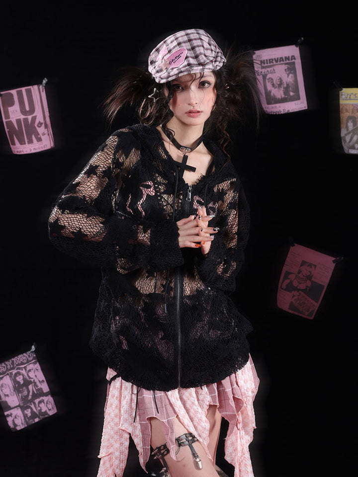 Gothic Flared-Cuff Star Mesh Zip-Up Hoodie