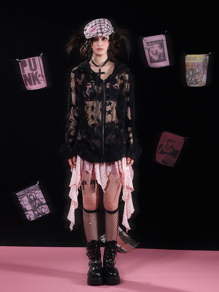 Gothic Flared-Cuff Star Mesh Zip-Up Hoodie