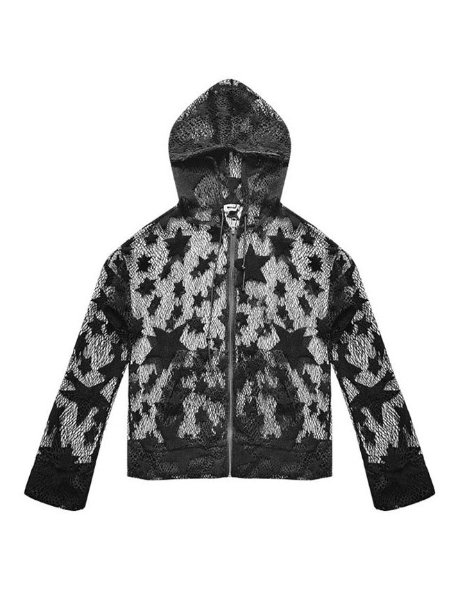 Gothic Flared-Cuff Star Mesh Zip-Up Hoodie