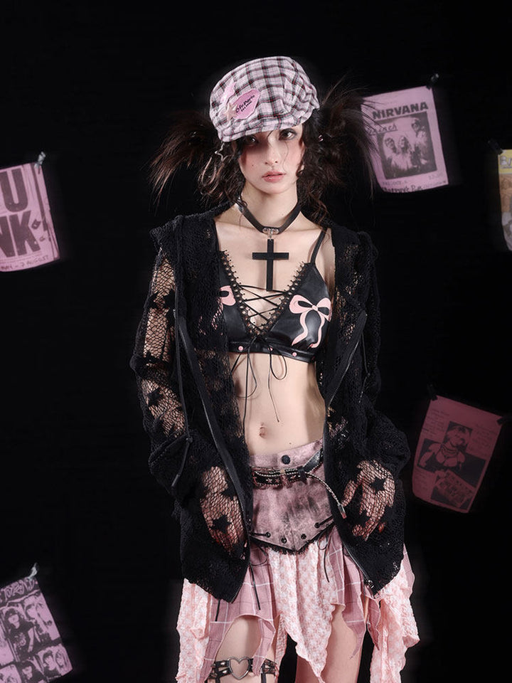 Gothic Flared-Cuff Star Mesh Zip-Up Hoodie