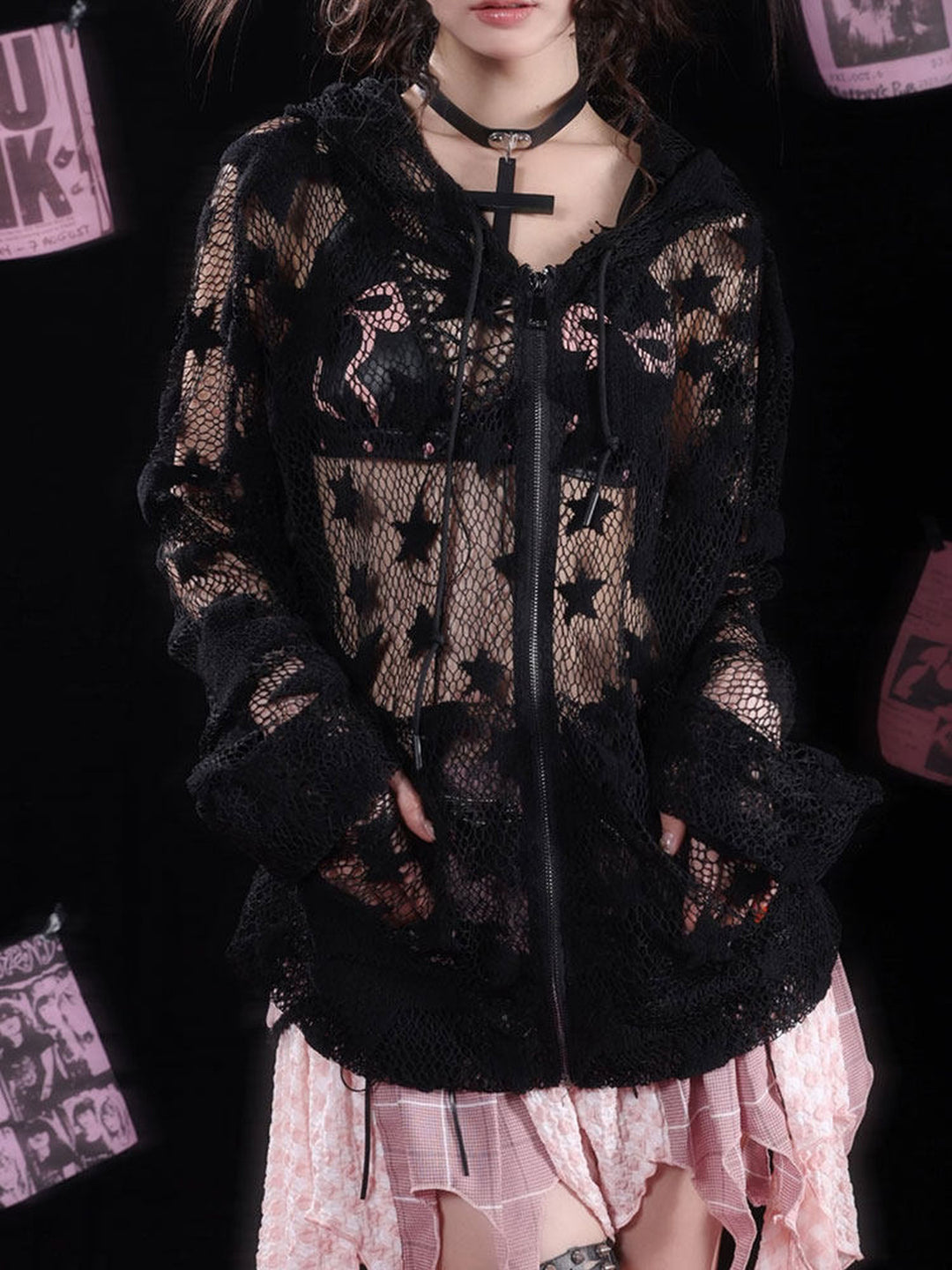 Gothic Flared-Cuff Star Mesh Zip-Up Hoodie
