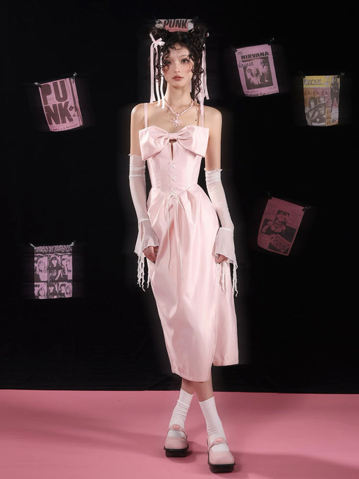 Pink Bow Corset Midi Dress
