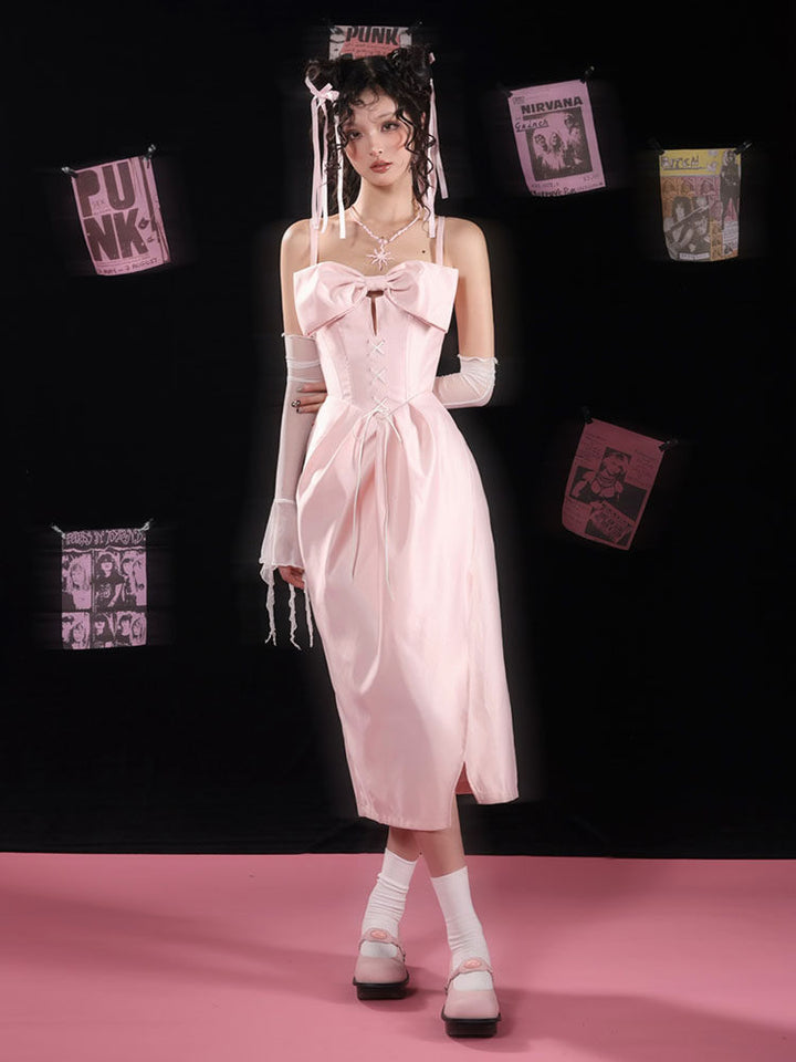Pink Bow Corset Midi Dress