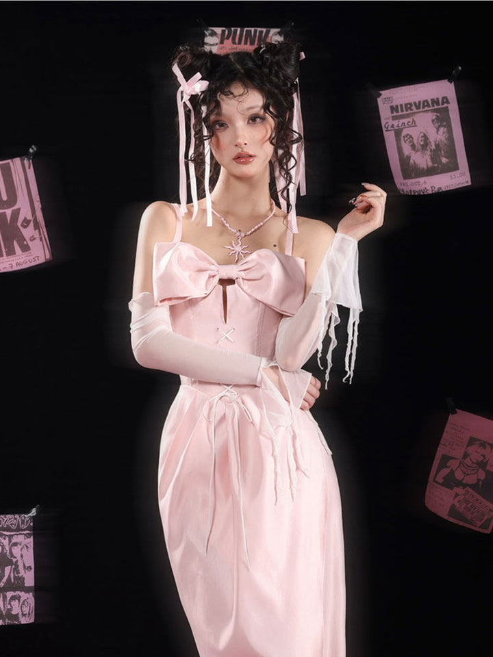Pink Bow Corset Midi Dress