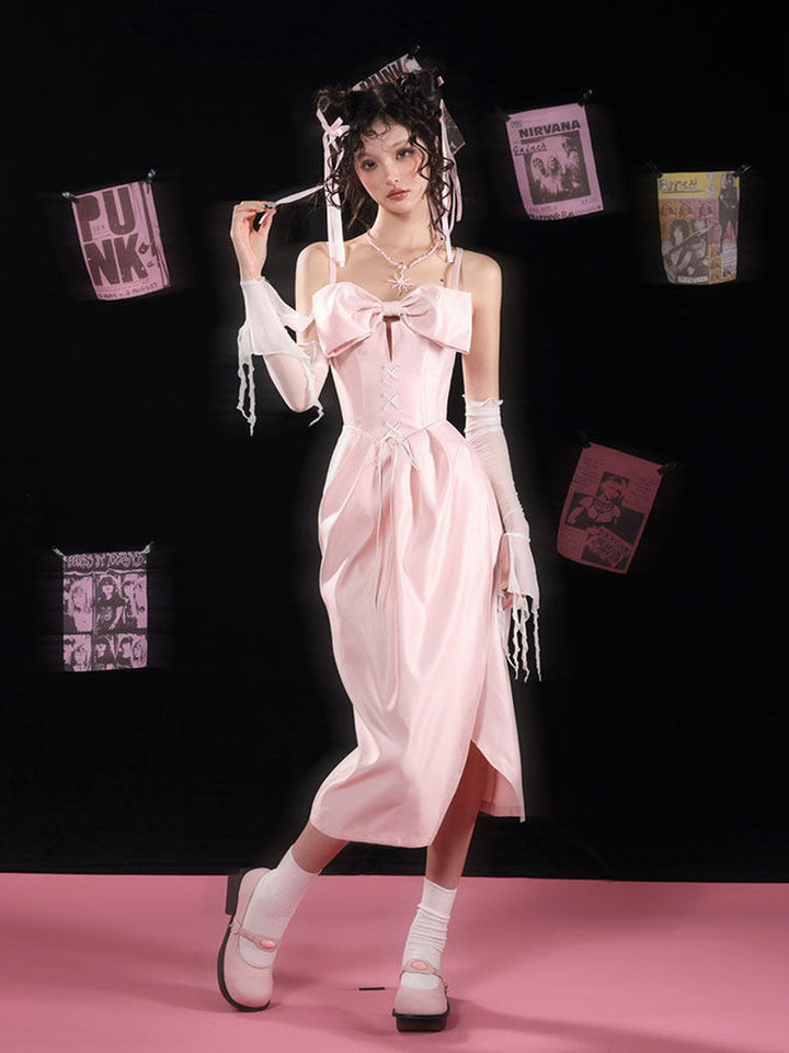 Pink Bow Corset Midi Dress
