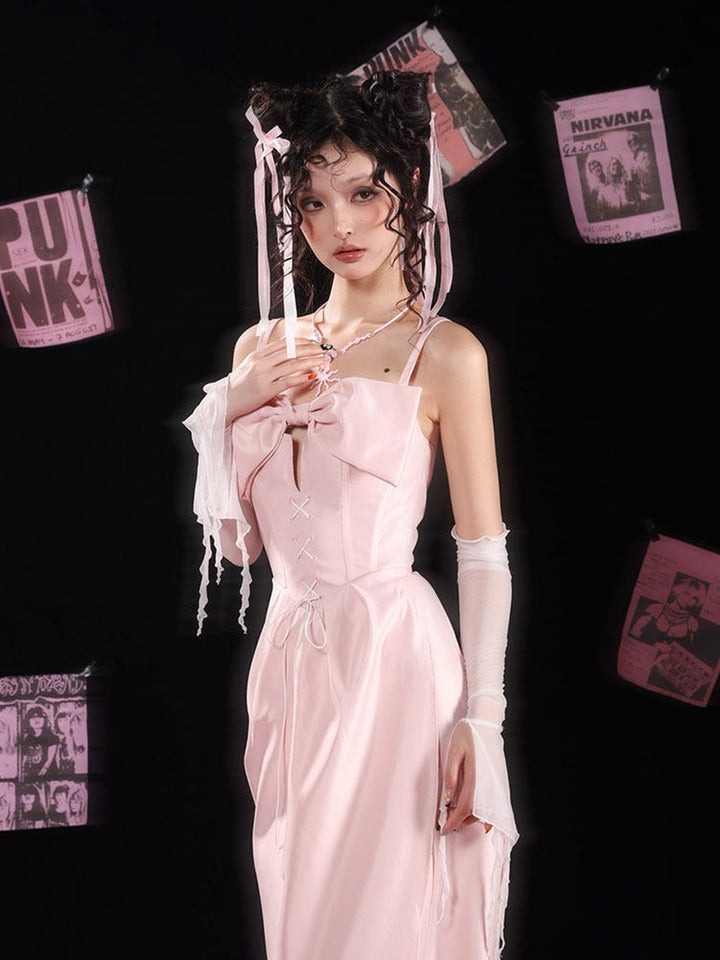 Pink Bow Corset Midi Dress