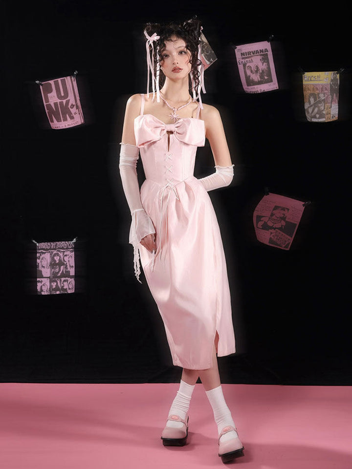 Pink Bow Corset Midi Dress